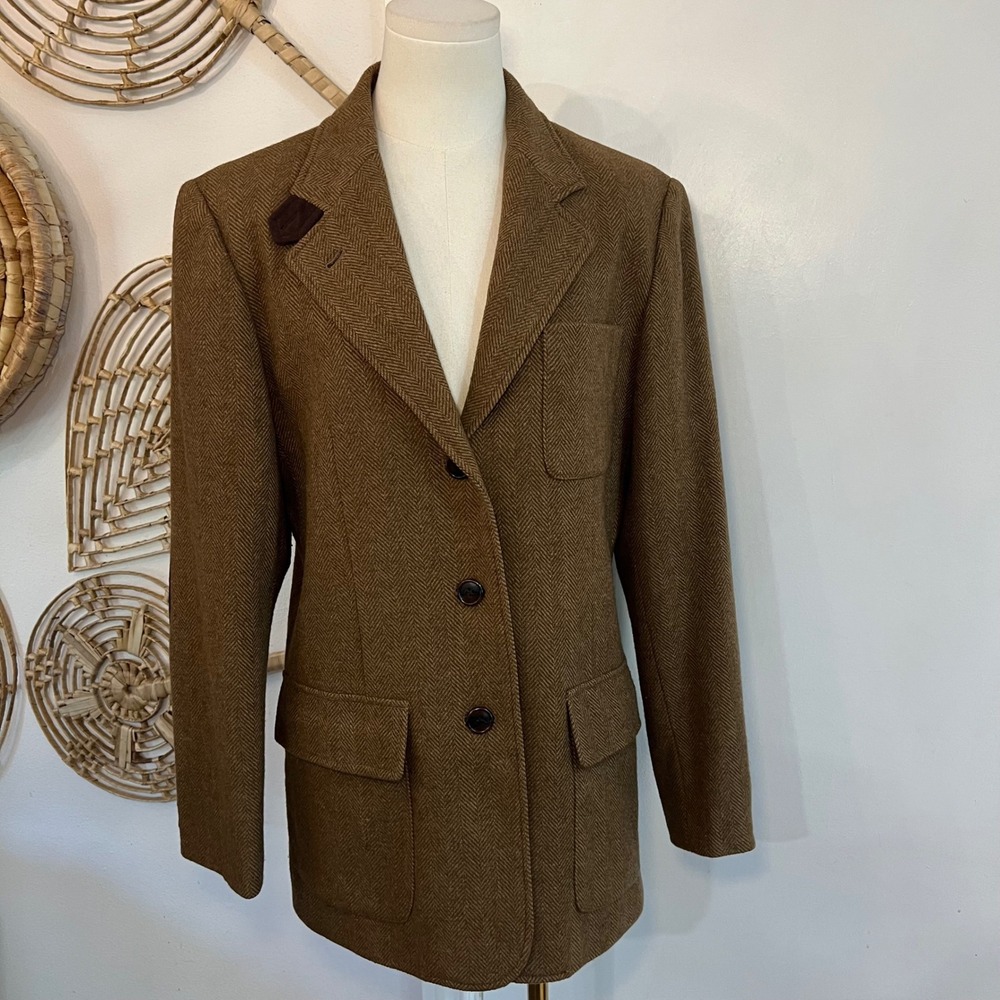 Vintage Alanni Donnybrook Brown Wool Herringbone Blazer Elbow Patches 6 - Picture 2 of 9